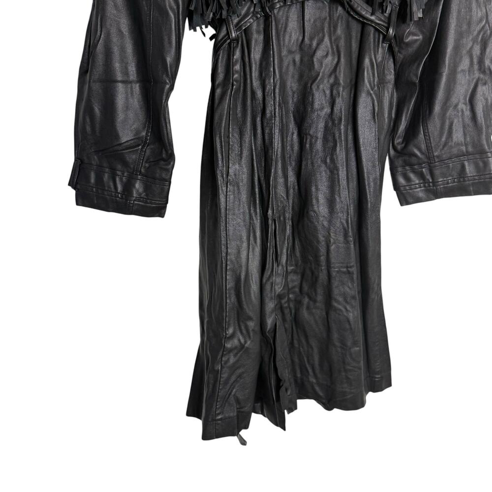 Jason Wu Black Vegan Faux Leather Fringed Tie Waist Long Trench Coat Size XL - Picture 13 of 16